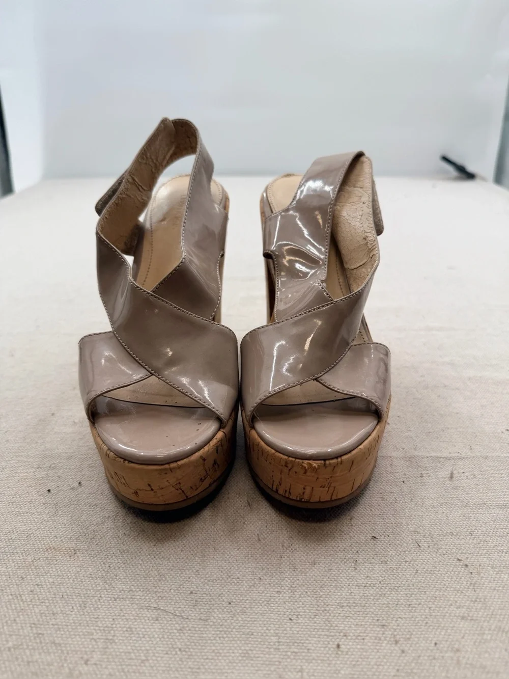 Calvin Klein Neutral Patent Cork Platform Sandals